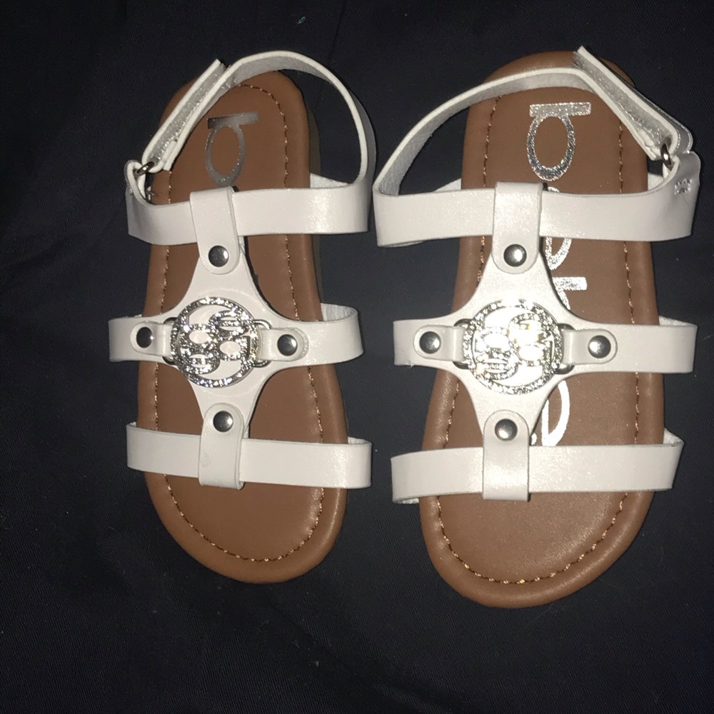 New Bebe White Sandals size 9 Rhinestone Logo Summer